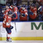 Florida Panthers center Denis Malgin (62) celebrates with teammates after scoring the winning goal during the third period of an NHL hockey game against the Arizona Coyotes in Sunrise, Fla., Saturday, March 24, 2018. (AP Photo/Terry Renna)