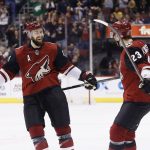 Arizona Coyotes defenseman Oliver Ekman-Larsson (23) celebrates his goal against the Nashville Predators with center Derek Stepan, left, during the second period of an NHL hockey game Thursday, March 15, 2018, in Glendale, Ariz. (AP Photo/Ross D. Franklin)