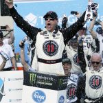 Monster Energy NASCAR Cup Series driver Kevin Harvick (4) celebrates after winning a NASCAR Cup Series auto race on Sunday, March 11, 2018, in Avondale, Ariz. (AP Photo/Rick Scuteri)