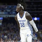 Kentucky's Wenyen Gabriel celebrates after making a thee-point basket during the second half of an NCAA college basketball semifinal game against Alabama at the Southeastern Conference tournament Saturday, March 10, 2018, in St. Louis. Kentucky won 86-63. (AP Photo/Jeff Roberson)