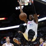 Miami Heat's Hassan Whiteside (21) dunks during the second half of an NBA basketball game against the Phoenix Suns, Monday, March 5, 2018, in Miami.
 (AP Photo/Lynne Sladky)