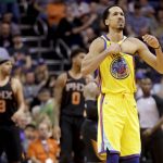 Golden State Warriors guard Shaun Livingston celebrates after scoring against the Phoenix Suns during the second half of an NBA basketball game in Phoenix, Saturday, March 17, 2018. (AP Photo/Chris Carlson)