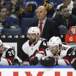 Arizona Coyotes coach Rick Tocchet watches during the second period of the team's NHL hockey game against the Buffalo Sabres on Wednesday, March 21, 2018, in Buffalo, N.Y. (AP Photo/Jeffrey T. Barnes)