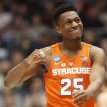 Syracuse's Tyus Battle reacts during the first half against Arizona State in a First Four game of the NCAA men's college basketball tournament Wednesday, March 14, 2018, in Dayton, Ohio. (AP Photo/John Minchillo)