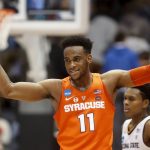 Syracuse's Oshae Brissett reacts during the second half against Arizona State in a First Four game of the NCAA men's college basketball tournament Wednesday, March 14, 2018, in Dayton, Ohio. Syracuse won 60-56. (AP Photo/John Minchillo)