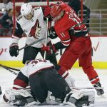 Arizona Coyotes' Kevin Connauton (44) and goalie Darcy Kuemper (35) defend the goal against Carolina Hurricanes' Jordan Staal (11) during the second period of an NHL hockey game in Raleigh, N.C., Thursday, March 22, 2018. (AP Photo/Gerry Broome)