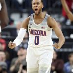 Arizona's Parker Jackson-Cartwright reacts after scoring during the second half of an NCAA college basketball game against Colorado in the quarterfinals of the Pac-12 men's tournament Thursday, March 8, 2018, in Las Vegas. Arizona won 83-67. (AP Photo/Isaac Brekken)