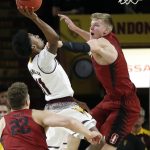 Arizona State guard Shannon Evans II (11) shoots over Stanford forward Michael Humphrey, right, defends during the first half of an NCAA college basketball game Saturday, March 3, 2018, in Tempe, Ariz. (AP Photo/Matt York)
