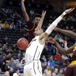 Colorado's Tyler Bey is fouled during the second half of an NCAA college basketball game against Arizona State in the first round of the Pac-12 men's tournament Wednesday, March 7, 2018, in Las Vegas. Colorado defeated Arizona State 97-85. (AP Photo/Isaac Brekken)