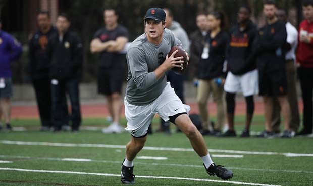 Southern California quarterback Sam Darnold pulls back to throw a pass during USC Pro Day, Wednesda...