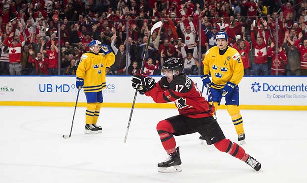 Canada forward Tyler Steenbergen (17) celebrates his goal against Sweden during the third period of...