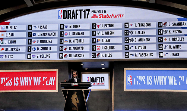 Names of all the first-round picks fill the draft board at the end of the first round of the NBA ba...