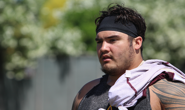 Arizona State lineman Cohl Cabral participates in a spring practice on April 12, 2018. (Photo by Ty...