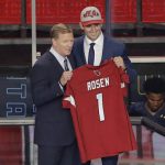 Commissioner Roger Goodell, left, presents UCLA's Josh Rosen with his Arizona Cardinals jersey during the first round of the NFL football draft, Thursday, April 26, 2018, in Arlington, Texas. (AP Photo/Eric Gay)