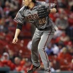 Arizona Diamondbacks relief pitcher Yoshihisa Hirano follows through on a pitch during the seventh inning of a baseball game against the St. Louis Cardinals, Thursday, April 5, 2018, in St. Louis. (AP Photo/Jeff Roberson)