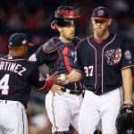 Washington Nationals starting pitcher Stephen Strasburg (37) is pulled by manager Dave Martinez (4) during the seventh inning of a baseball game against the Arizona Diamondbacks, Friday, April 27, 2018, in Washington. Nationals catcher Matt Wieters, center, looks on. (AP Photo/Nick Wass)