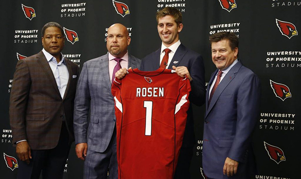 The Arizona Cardinals introduce their first-round NFL football draft pick Josh Rosen, second from r...