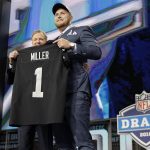 Commissioner Roger Goodell, left, presents UCLA's Kolton Miller with his Oakland Raiders jersey during the first round of the NFL football draft, Thursday, April 26, 2018, in Arlington, Texas. (AP Photo/David J. Phillip)