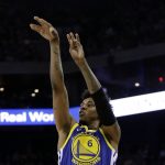 Golden State Warriors' Nick Young shoots against the Phoenix Suns during the first half of an NBA basketball game Sunday, April 1, 2018, in Oakland, Calif. (AP Photo/Marcio Jose Sanchez)