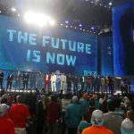 Prospects in attendance stand on stage at the start of the first round of the NFL football draft, Thursday, April 26, 2018, in Arlington, Texas. (AP Photo/Michael Ainsworth)