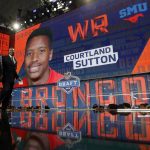 NFL Commissioner Roger Goodell and former Denver Broncos player Stephen Atwater walk off the stage after announcing SMU's Courtland Sutton as the Broncos' pick during the second round of the NFL football draft Friday, April 27, 2018, in Arlington, Texas. (AP Photo/Eric Gay)