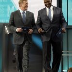 NFL Commissioner Roger Goodell, left, walks out with former player Dwight Stephenson to announce Penn State's Mike Gesicki as the Miami Dolphins' pick during the second round of the NFL football draft Friday, April 27, 2018, in Arlington, Texas. (AP Photo/Eric Gay)