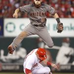 St. Louis Cardinals' Harrison Bader, bottom, is out at second as Arizona Diamondbacks second baseman Chris Owings turns a double play during the fifth inning of a baseball game Thursday, April 5, 2018, in St. Louis. Cardinals' Tommy Pham was out at first. (AP Photo/Jeff Roberson)
