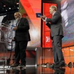 Pro Football Hall of Famer Jim Brown, left, announces Austin Corbett as the Cleveland Browns' selection during the second round of the draft, as NFL Commissioner Roger Goodell applauds, Friday, April 27, 2018, in Arlington, Texas. (AP Photo/Eric Gay)