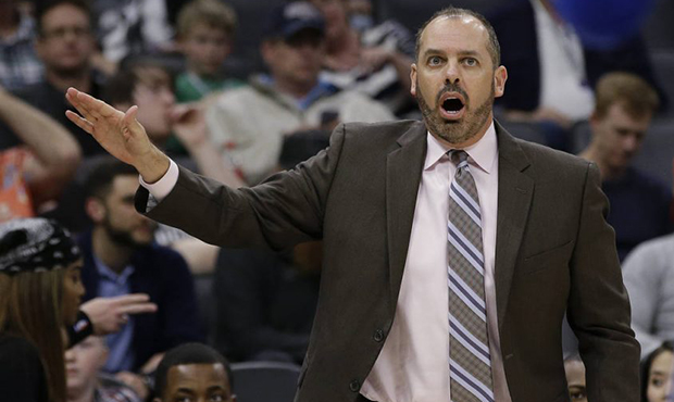 Orlando Magic coach Frank Vogel reacts after a foul was called against the Magic during the first h...