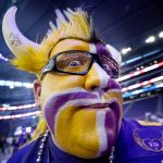Minnesota Vikings fan T.J. Day attends the NFL football team's draft party Thursday, April 26, 2018, in Minneapolis. (Carlos Gonzalez/Star Tribune via AP)