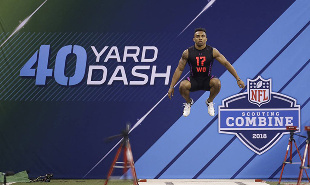 Texas A&M wide receiver Christian Kirk jumps before running the 40-yard dash during the NFL footbal...