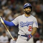 Los Angeles Dodgers' Matt Kemp reacts after striking out in the ninth inning against the Arizona Diamondbacks in a baseball game Tuesday, April 3, 2018, in Phoenix. (AP Photo/Rick Scuteri)