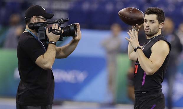Oklahoma quarterback Baker Mayfield is video taped during the NFL football scouting combine, Saturd...