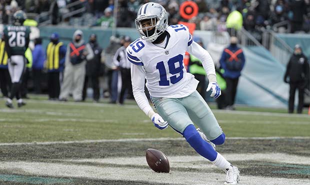 Dallas Cowboys' Brice Butler reacts after scoring touchdown during the second half of an NFL footba...