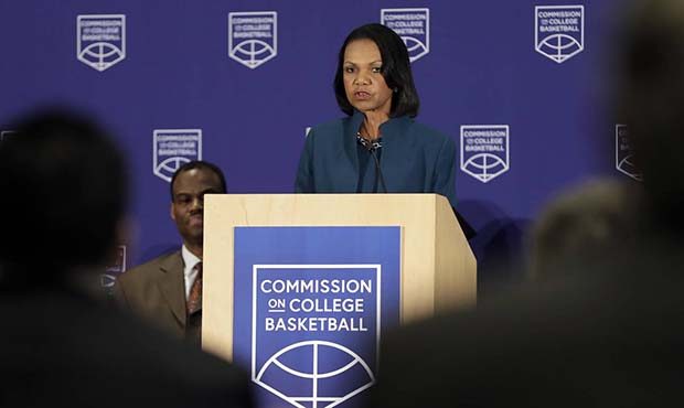 Former U.S. Secretary of State Condoleezza Rice speaks during a news conference at the NCAA headqua...