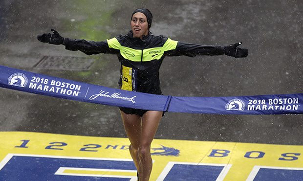 Desiree Linden, of Washington, Mich., wins the women's division of the 122nd Boston Marathon on Mon...