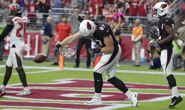 Arizona Cardinals tight end Troy Niklas (87) celebrates his touchdown catch with Cardinals wide rec...