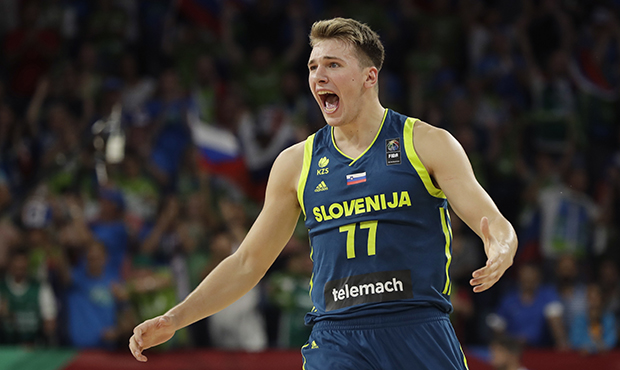 Slovenia's Luka Doncic reacts during their Eurobasket European Basketball Championship semifinal ma...