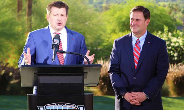 Michael Bidwill (left) and Gov. Doug Ducey announce Arizona’s 2023 Super Bowl. Bidwill called it ...