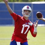 Buffalo Bills rookie quarterback Josh Allen (17) throws a pass during an organized team activity at the NFL football team's training facility in Orchard Park, N.Y., Thursday, May 24, 2018. (AP Photo/Jeffrey T. Barnes)