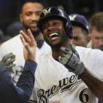 Milwaukee Brewers' Lorenzo Cain celebrates after hitting a home run during the sixth inning of a baseball game against the Arizona Diamondbacks Monday, May 21, 2018, in Milwaukee. (AP Photo/Morry Gash)