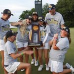 Arizona players celebrate with the trophy after defeating Alabama during the final round of the NCAA Division I women's golf championship in Stillwater, Okla., Wednesday, May 23, 2018. (AP Photo/Sue Ogrocki)