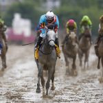 Red Ruby with Paco Lopez aboard wins the Black-Eyed Susan horse race as Coach rocks with Luis Saez aboard placing second at left at Pimlico race track, Friday, May 18, 2018, in Baltimore. The 143rd running of the Preakness Stakes race runs Saturday. (AP Photo/Patrick Semansky)