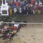 Justify with Mike Smith atop wins the 143rd Preakness Stakes horse race at Pimlico race track, Saturday, May 19, 2018, in Baltimore. Bravazo with Luis Saez aboard (8) wins second with Tenfold with Ricardo Santana Jr. atop (6) places. (AP Photo/Nick Wass)