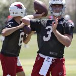 Arizona Cardinals' first-round draft pick Jos Rosen (3) runs drills during NFL football rookie camp Friday, May 11, 2018, in Tempe, Ariz. (AP Photo/Matt York
