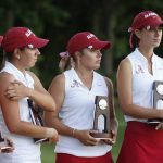 Alabama players hold their runner-up trophies after a loss to Arizona during the final round of the NCAA Division I women's golf championship in Stillwater, Okla., Wednesday, May 23, 2018. (AP Photo/Sue Ogrocki)