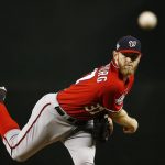 Washington Nationals starting pitcher Stephen Strasburg warms up during the first inning of a baseball game against the Arizona Diamondbacks Saturday, May 12, 2018, in Phoenix. (AP Photo/Ross D. Franklin)