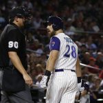 Arizona Diamondbacks' Steven Souza Jr. (28) argues with umpire Mark Ripperger (90) after Souza was called out on strikes during the fourth inning of a baseball game against the Washington Nationals on Thursday, May 10, 2018, in Phoenix. (AP Photo/Ross D. Franklin)