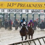 Four horses leave the gate in the second race ahead of the 143rd Preakness Stakes horse race at Pimlico race course, Saturday, May 19, 2018, in Baltimore. Eight horses scratched before this race. (AP Photo/Steve Helber)