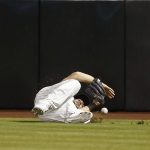 Arizona Diamondbacks right fielder Steven Souza Jr. dives but is unable to make a catch on a double hit by Washington Nationals' Howie Kendrick during the seventh inning of a baseball game Thursday, May 10, 2018, in Phoenix. The Nationals defeated the Diamondbacks 2-1. (AP Photo/Ross D. Franklin)